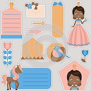 Cute collection of dark skin princess, bird, and unicorn. Ready to use digital stickers for children