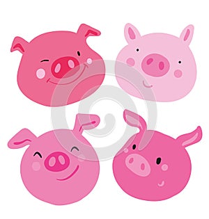 Cute collection of four faces pink pig. Different emotions on each muzzle, used as sticker and emoji. Use as an icon
