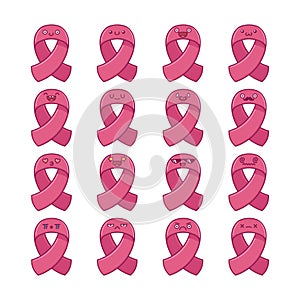 Cute collection of pink breast cancer awareness icon cartoons