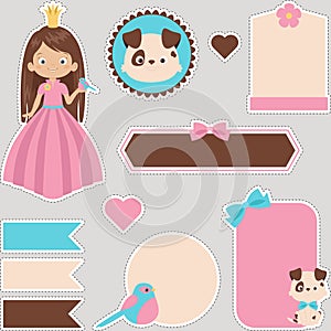 Cute collection of a princess, bird, and puppy. Ready to use digital stickers for children