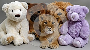 Cute collection of stuffed animals and lion cub in a portrait