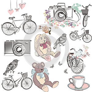 Cute collection of vector hand drawn objects bicycles camera toy