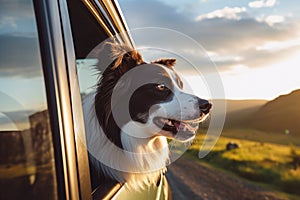 A cute Collie dog in the car, encapsulating the essence of a joyful summer trip with its curious gaze out the window photo