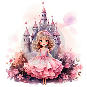 Cute color fairy tale princess in a pink dress with a castle. Watercolor cartoon illustration