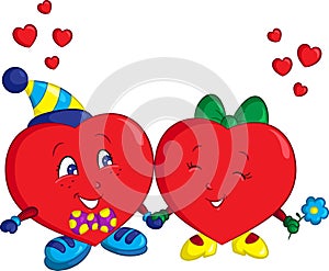 Cute color illustration of a heart couple, holding hands for Valentine`s Day card or children`s book
