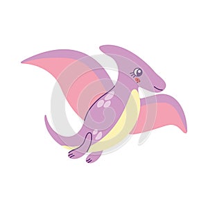 Cute colored dinosaur pterodactyl doodle. Vector illustration in cartoon style isolated on white