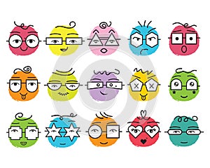 Cute colorful abstract emoticons faces with geometrical shapes eyeglasses and different emotions round icons set on white