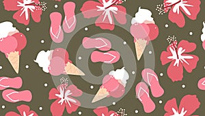 Cute colorful abstract summertime seamless vector pattern background funny illustration with hibiscus flowers, ice creams and flip