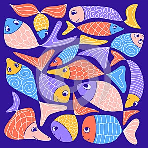 Cute colorful aquarium fish doodle. Funny kids naive abstract style. Marine life souvenirs, print, wall decor. Vector illustration
