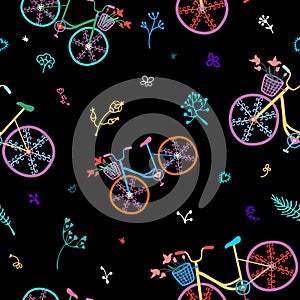 Cute colorful beautiful bicycles seamless pattern with decorative wheels and flowers.