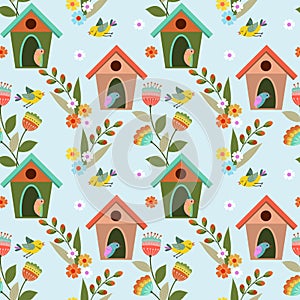 Cute colorful birds and birdhouses seamless pattern.