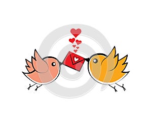 Cute colorful birds holding love letter, vector. illustration of cartoon Birds isolated on white background