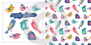 Cute colorful birds set in cartoon style. Seamless pattern with cute birds. Bright colors. Vector isolated elements