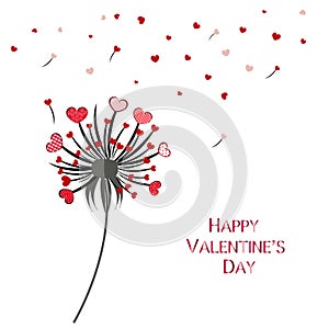 Dandelion with red retro hearts. Happy Valentine`s Day greeting card