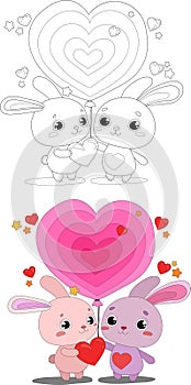 Cute colorful cartoon bunny with hearts and balloon graphic sketch template set.