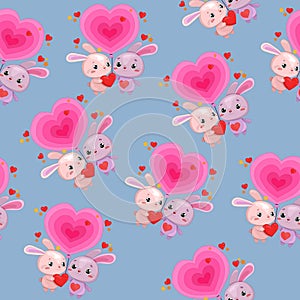 Cute colorful cartoon bunny with hearts and balloon seamless pattern template.