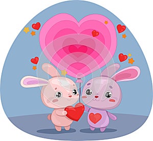 Cute colorful cartoon bunny with hearts and balloon template.