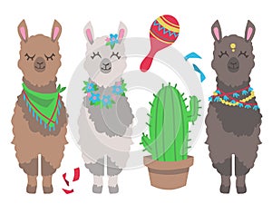 Cute colorful cartoon llama or alpaca with cactus and mexican rumba shaker graphic design vector illustration set