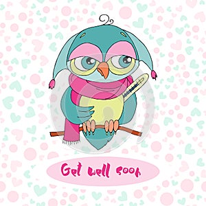Cute colorful cartoon owl is sick