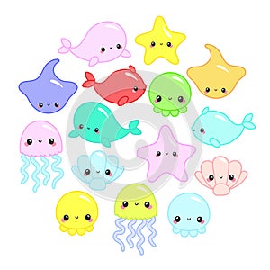 Cute colorful cartoon sea animals in circle for baby designs, kids invitations and summer greeting cards. Cute vector ocean set