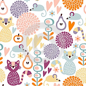 Cute colorful cartoon seamless floral pattern wit