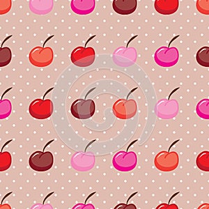 Cute colorful cherry fruit seamless vector pattern on polka dots background