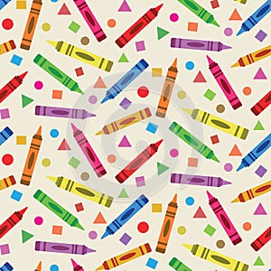 Cute colorful crayons seamless pattern with circles, squares and triangles