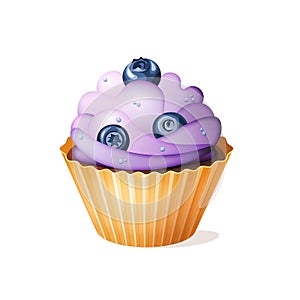 Cute colorful cream cupcake with blueberry taste . vector dessert decoration clip art