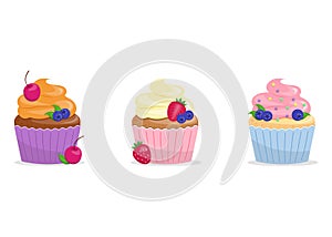 Cute colorful cream cupcakes of different taste and color. Flat vector dessert decoration clip art set.