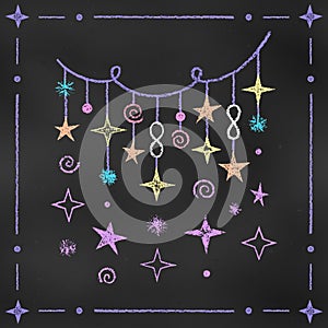 Cute Colorful Design Element Thread with the Suspended Stars Isolated on Chalkboard Backdrop. Children\'s Chalk Drawn Sketch