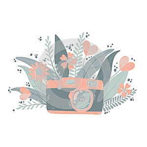 Cute colorful digital photo camera with fllowers in flat cartoon style. Vector hand drawn compact camera with floral