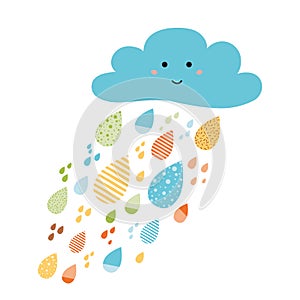 Cute colorful drops of rain clouds. Vector autumn banner fall background Smile Character