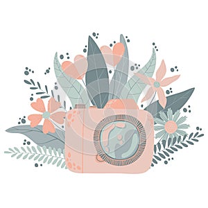 Cute colorful dslr photo camera with fllowers in flat cartoon style. Vector hand drawn camera with floral