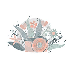 Cute colorful dslr photo camera with fllowers in flat cartoon style. Vector hand drawn camera with floral