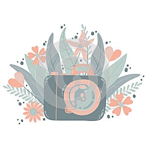 Cute colorful dslr photo camera with fllowers in flat cartoon style. Vector hand drawn camera with floral