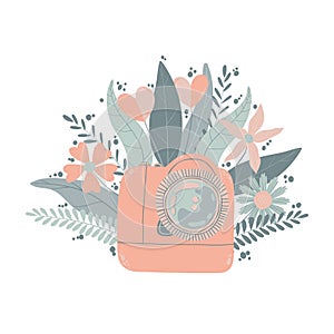 Cute colorful dslr photo camera with fllowers in flat cartoon style. Vector hand drawn camera with floral illustration