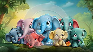 Cute colorful elephant family cartoon characters.