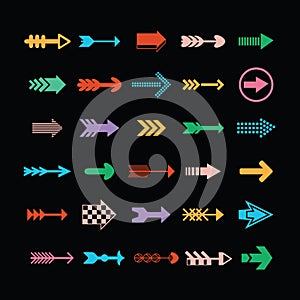 Cute colorful flat retro assorted direction arrows icons set on black background