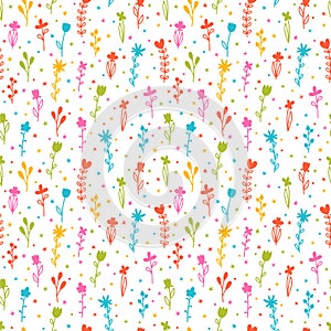 Cute colorful floral seamless pattern. Hand drawn botanical elements. Background with flowers. Scandinavian trendy print