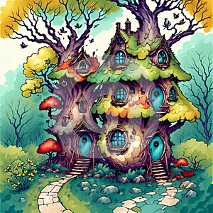 cute colorful forest treehouses story book illustration style