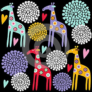 Cute colorful giraffe seamless pattern with flowers, illustration background