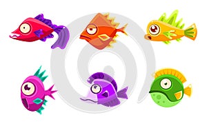 Cute Colorful Glossy Fishes Set, Funny Big Eyed Sea Animals Cartoon Characters Vector Illustration
