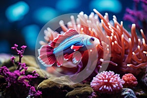 Cute colorful group underwater fish sea ocean aquarium beautiful tropical coral reef. Oceanarium animal wildlife marine
