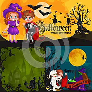 Cute colorful Halloween kids in costume for party set isolated vector illustration