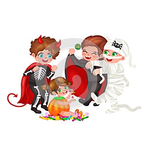 Cute colorful Halloween kids in costume for party set isolated vector illustration