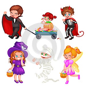 Cute colorful Halloween kids in costume for party set vector illustration