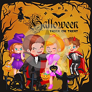 Cute colorful Halloween kids in costume for party set vector illustration