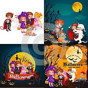 Cute colorful Halloween kids in costume for party set vector illustration