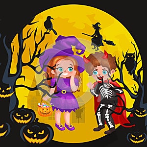 Cute colorful Halloween kids in costume for party set vector illustration