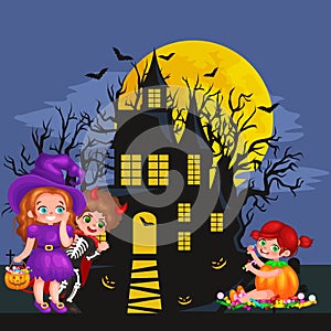 Cute colorful Halloween kids in costume for party set vector illustration